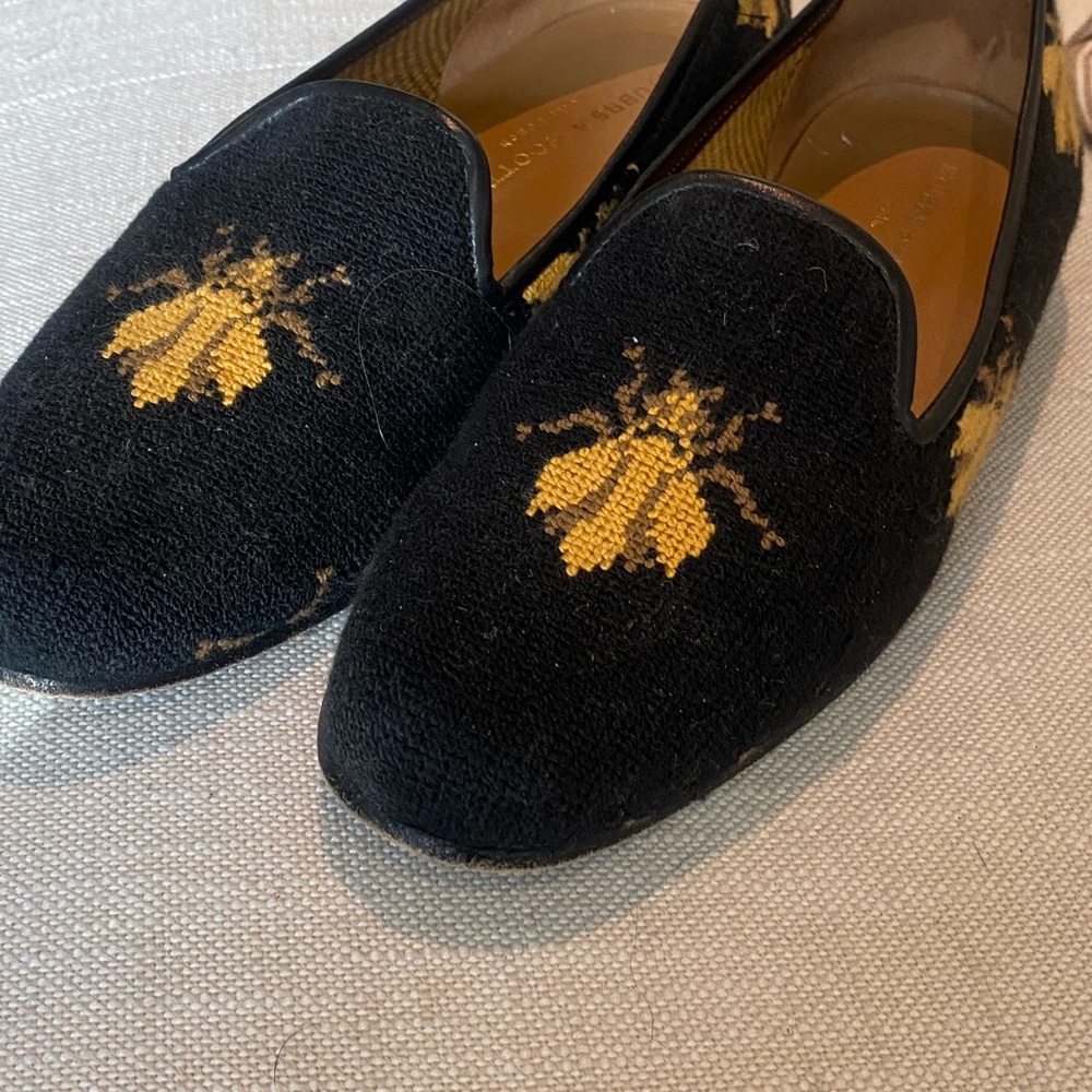 Stubbs and Wootton Black Needlepoint Loafers with Gold Bee Embroidery.
